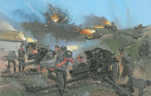 Картинка огонь, дым, рисунок, взрывы, пушки, бой, солдаты, сражение