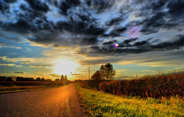 Картинка дорога, трава, солнце, облака, закат, тучи, лэп