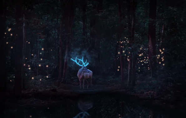 Картинка wallpaper, Glow, Neon, Forest, Horns, Graphics, Deer