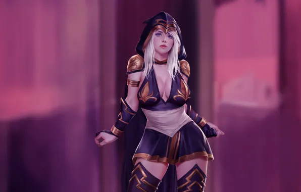 League of Legends, Ashe, Hood, Blue eyes, White hair