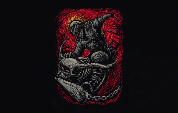 Минимализм, Череп, Огонь, Цепь, Стиль, Фон, Ghost Rider, Призрачный гонщик