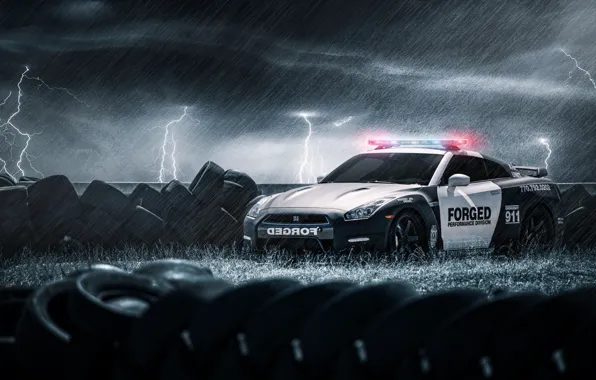 Картинка дождь, молнии, полиция, покрышки, шины, Nissan, GT-R, black
