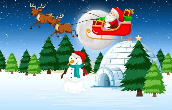 Картинка Рождество, Новый год, Санта Клаус, Олени, Ёлки, Снеговик, Сани, Развозит подарки