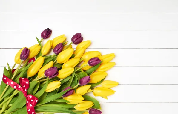 Картинка цветы, букет, желтые, фиолетовые, лента, тюльпаны, yellow, flowers