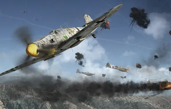Картинка горы, бой, сражение, самолёты, Yak-9u Vs Bf 109G 6