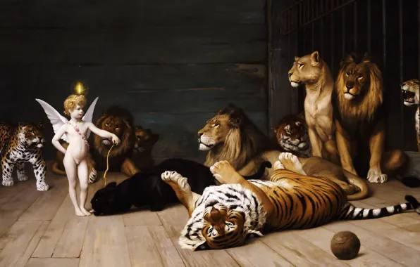 Картинка животные, тигр, картина, лев, Жан-Леон Жером, Любовь Завоевательница