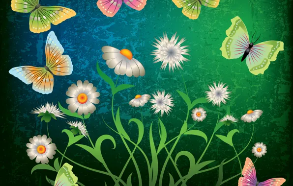 Картинка бабочки, цветы, green, abstract, design, flowers, grunge, butterflies