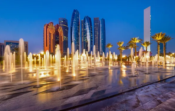 Небоскреб, дома, фонтан, ОАЭ, Абу-Даби
