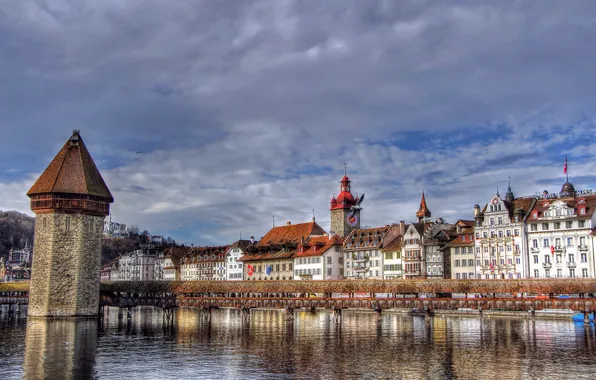 Картинка мост, река, здания, башня, Швейцария, Switzerland, Люцерн, Lucerne