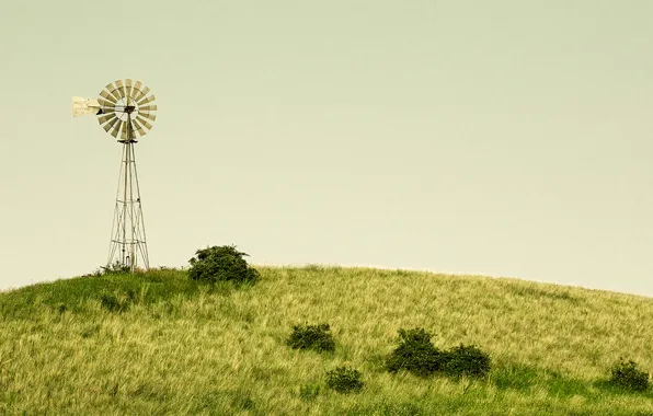 Картинка поле, небо, трава, облака, ветер, мельница, сельская местность, ферма