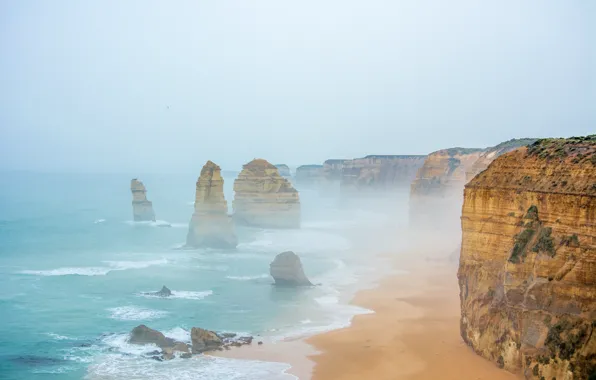 Картинка sea, water, rocks, sand, Australia, mist, cliffs, 12 apostles