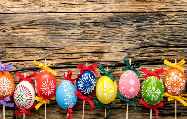 Ленты, colorful, Пасха, happy, wood, spring, Easter, eggs