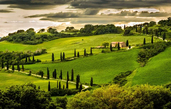 Картинка зелень, небо, облака, деревья, пейзаж, природа, дом, холм, Италия, Italy, Italia, Умбрия, Umbria