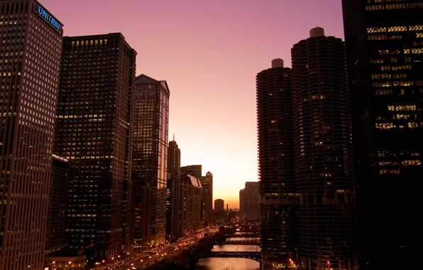 Картинка ночь, огни, здания, небоскребы, америка, мосты, чикаго, Chicago