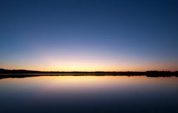 Небо, вода, закат, озеро, гладь, вечер