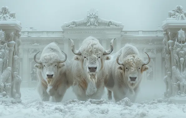 Картинка зима, снег, трио, троица, бизоны, нейросеть