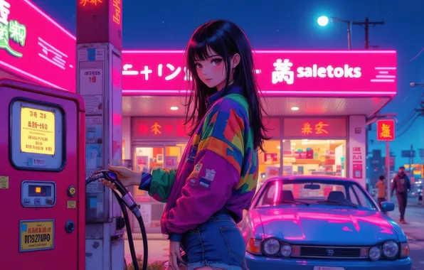 Картинка girl, gas station, cyberpunk, neon