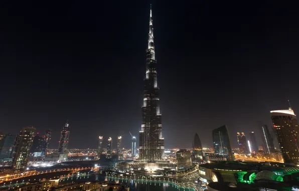Картинка небо, вода, ночь, дома, небоскребы, бассейн, башни, Dubai