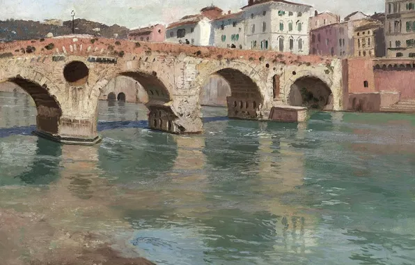 Мост, река, дома, картина, городской пейзаж, Фриц Таулов, Frits Thaulow, Понте Пьетра. Верона