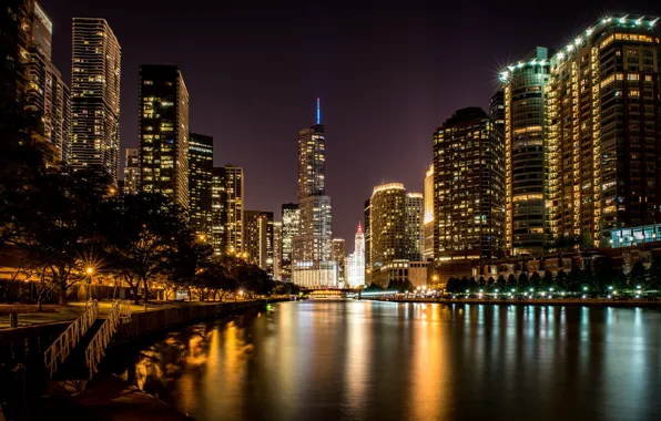 Ночь, Чикаго, Небоскребы, USA, Chicago, skyline, nightscape