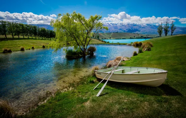 Картинка деревья, горы, озеро, лодка
