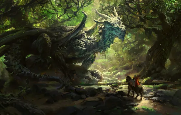 Картинка конь, воин, щит, forest, dragon
