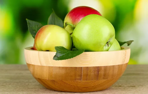 Картинка листья, фон, widescreen, обои, яблоки, яблоко, еда, зеленые