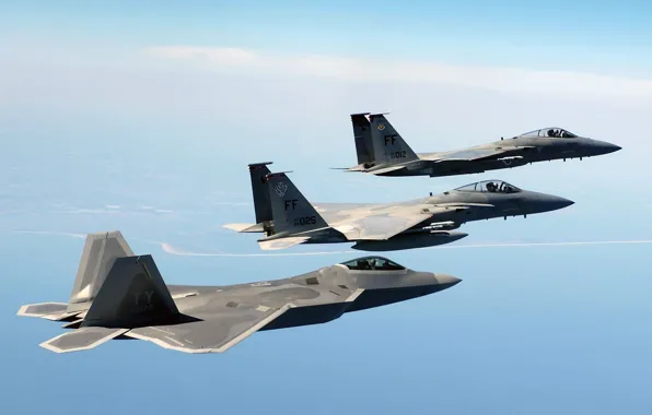 Картинка море, F-22, F-15, Истребители