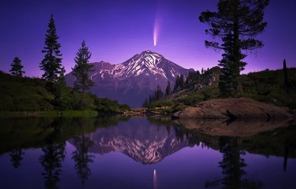 Деревья, горы, ночь, озеро, отражение, комета, Калифорния, California