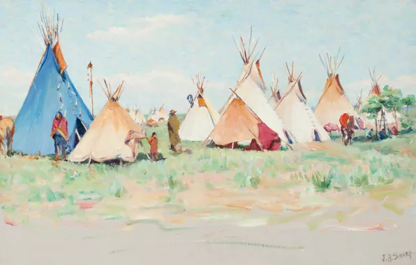 Картинка Summer Camp, Joseph Henry Sharp, Horn Montana, Crow Encampment, Little Big