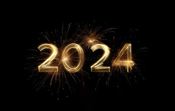Салют, цифры, Новый год, golden, fireworks, decoration, numbers, New year