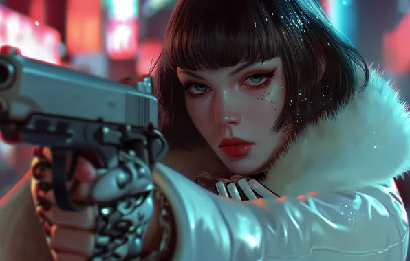 Girl, gun, square, AI art