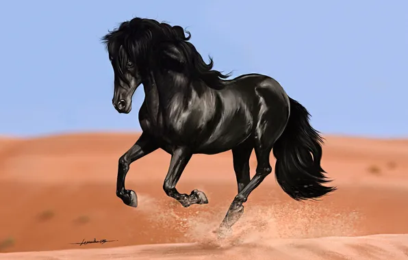 Картинка песок, конь, арт, бег, дюны, вороной
