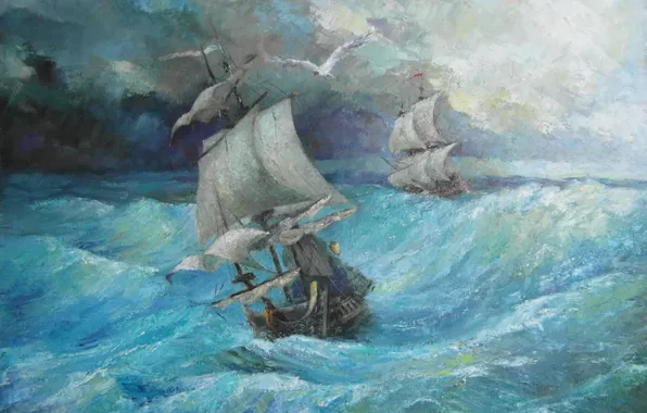 Картинка море, шторм, корабли, арт