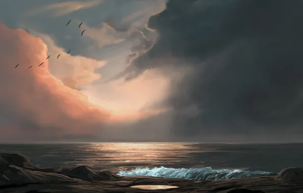 Картинка море, волны, вода, облака, закат, птицы, берег, арт