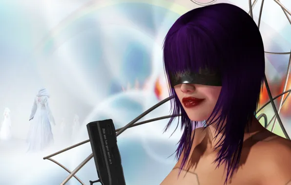 Девушка, пистолет, оружие, провода, очки, андроид, фиолетовые волосы