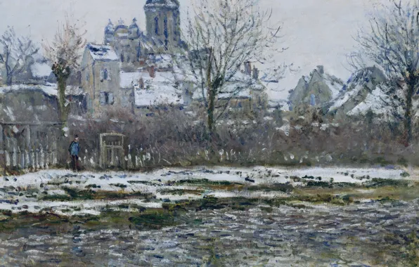 Картинка пейзаж, картина, Клод Моне, Ветёй. Церковь. Снег