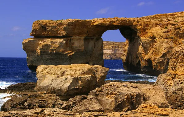 Картинка море, небо, скалы, арка, Мальта, Гозо, Двейра