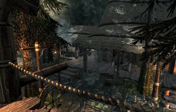 Дорога, деревья, ель, ели, road, trees, tree, skyrim