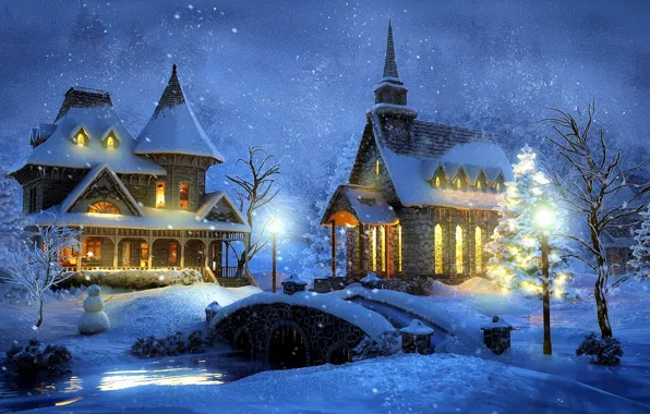 Картинка зима, снег, ночь, мост, дома, фонари, Thomas Kinkade