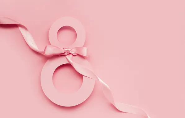 Цифра, лента, happy, розовый фон, 8 марта, pink, background, number