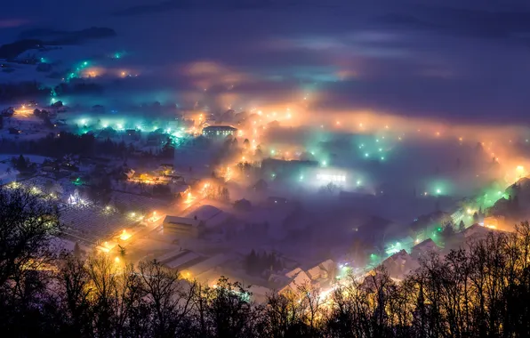 Картинка ночь, город, огни, туман