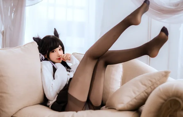 Beautiful, Asian, Model, Woman, Sofa, Cute, Pretty, Stocking