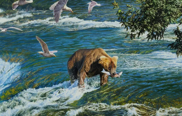 Картинка птицы, река, картина, медведь, охота