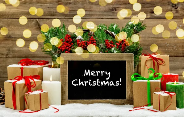 Картинка снег, украшения, свечи, Новый Год, Рождество, подарки, Christmas, Xmas