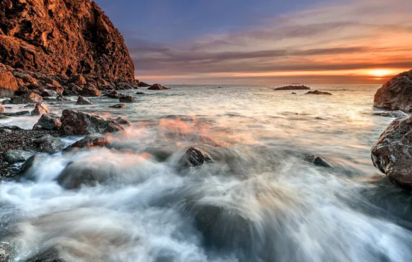 Картинка море, волны, небо, вода, облака, пейзаж, закат, природа