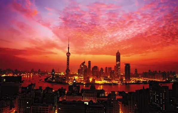 Закат, огни, башня, Небоскребы, Шанхай