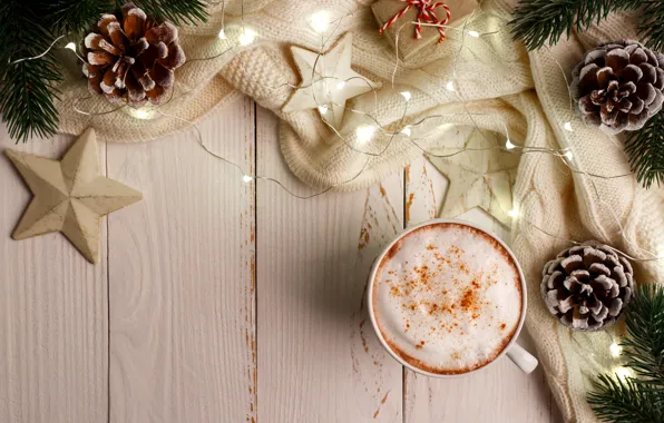 Новый Год, Рождество, Christmas, wood, cup, New Year, coffee, decoration