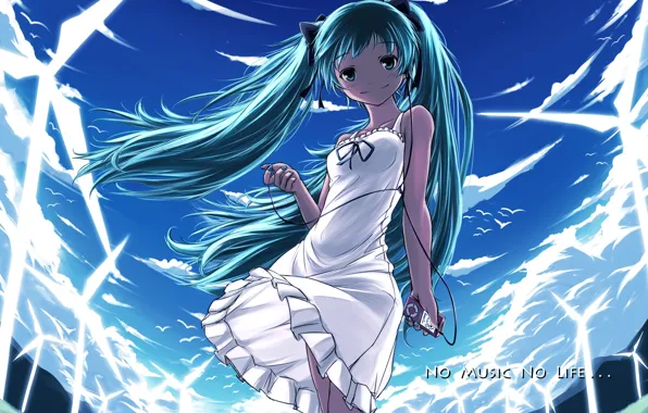 Девушка, улыбка, музыка, наушники, плеер, vocaloid, hatsune miku, вокалоид