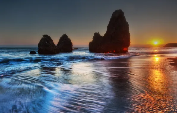 Картинка закат, Тихий океан, Rodeo Beach, длительной экспозиции